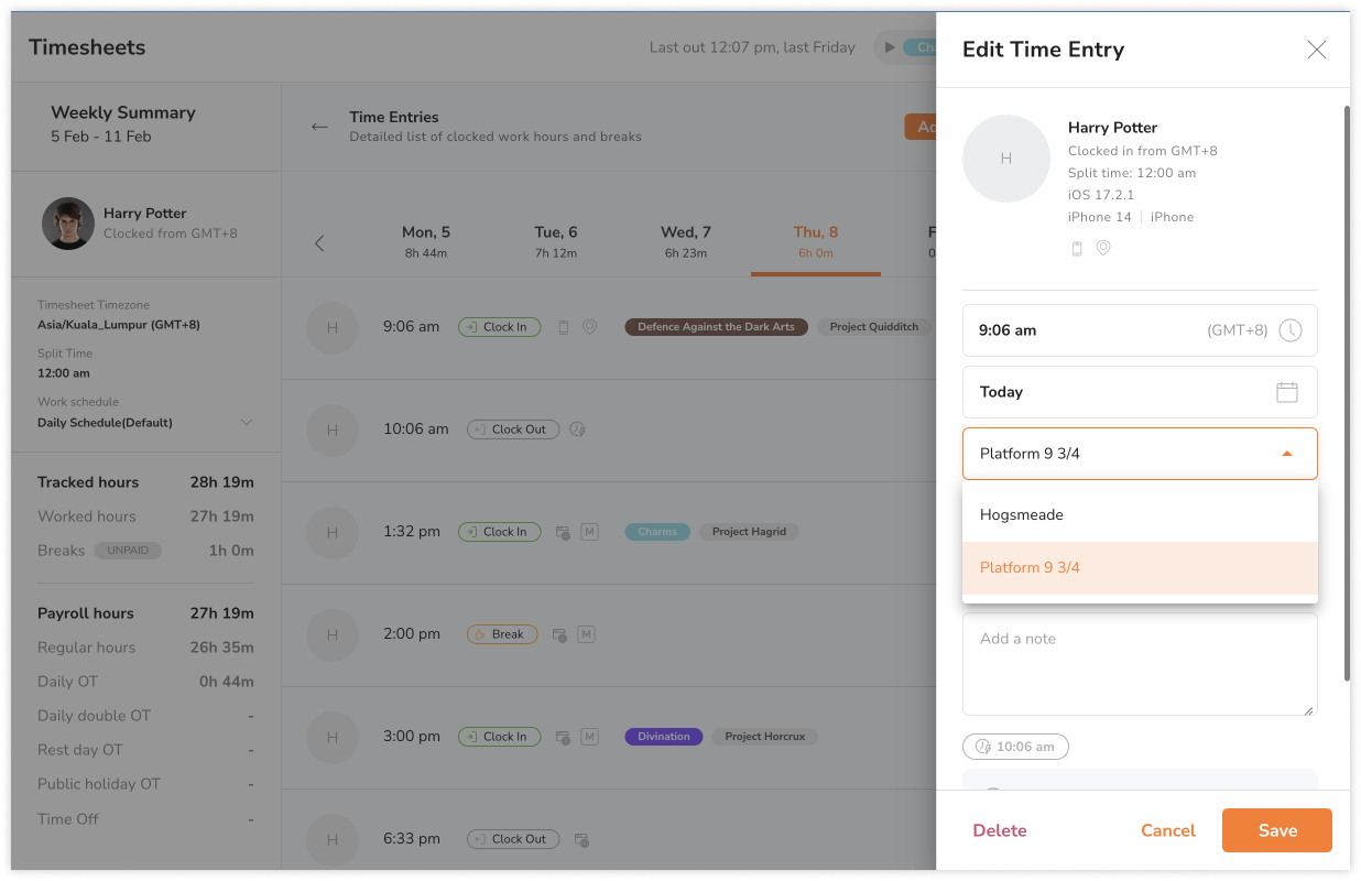 Editing location of time entries