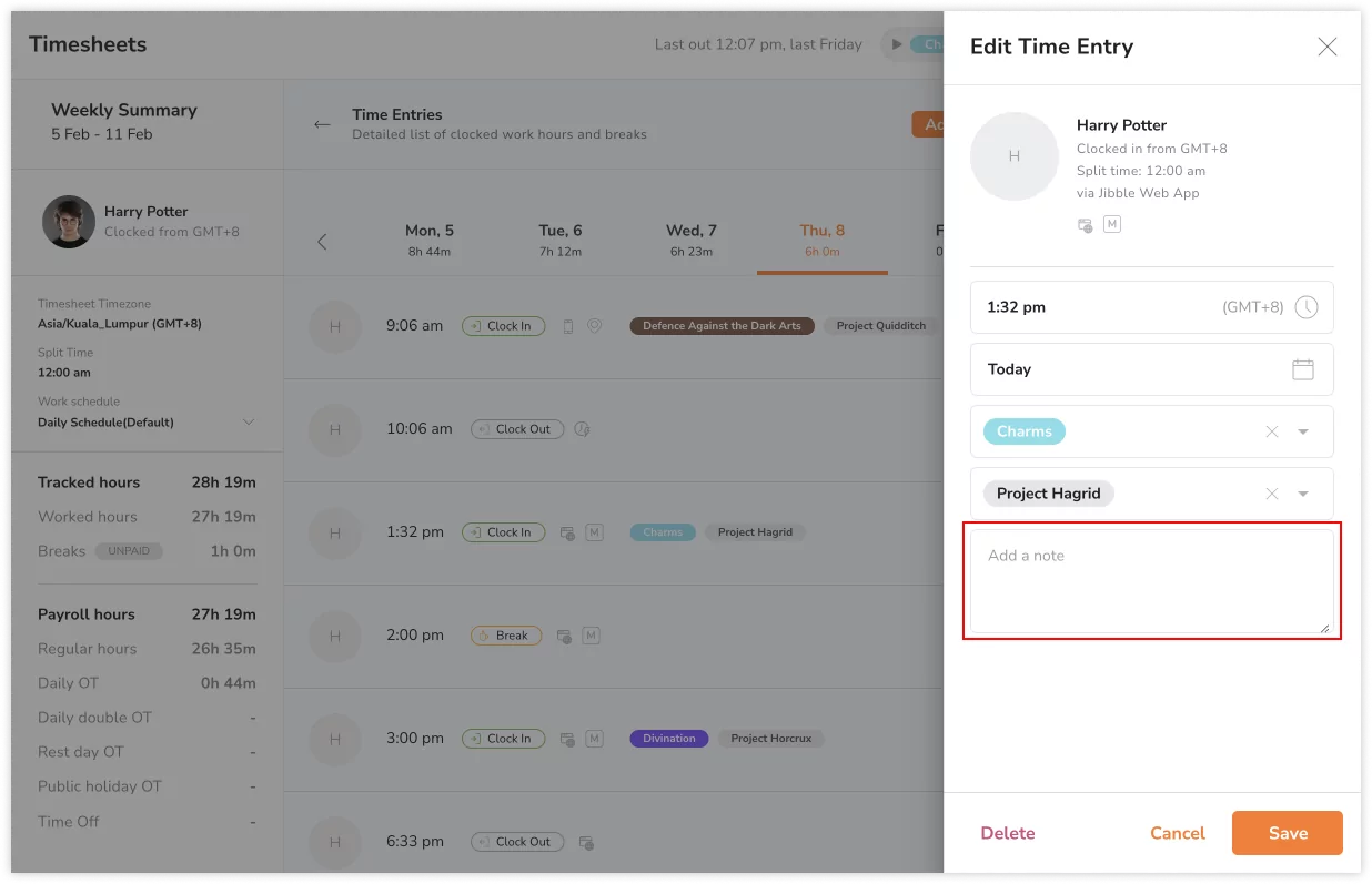 Editing note section of time entries