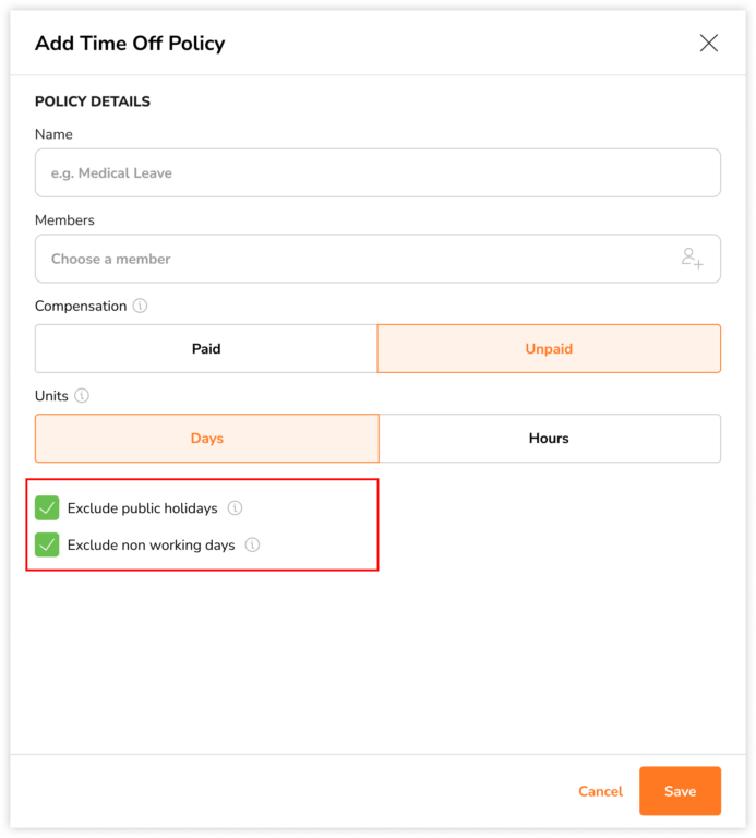 Excluding public holidays and rest days for unpaid time off policies on the web app