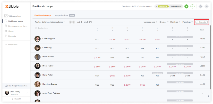 Exporting timesheets on the web app