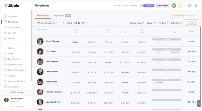 Exporting timesheets on the web app