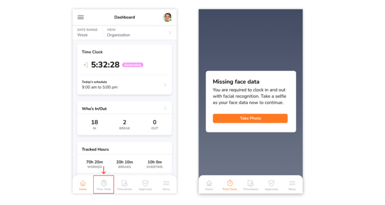 Setting up face data on the time clock screen