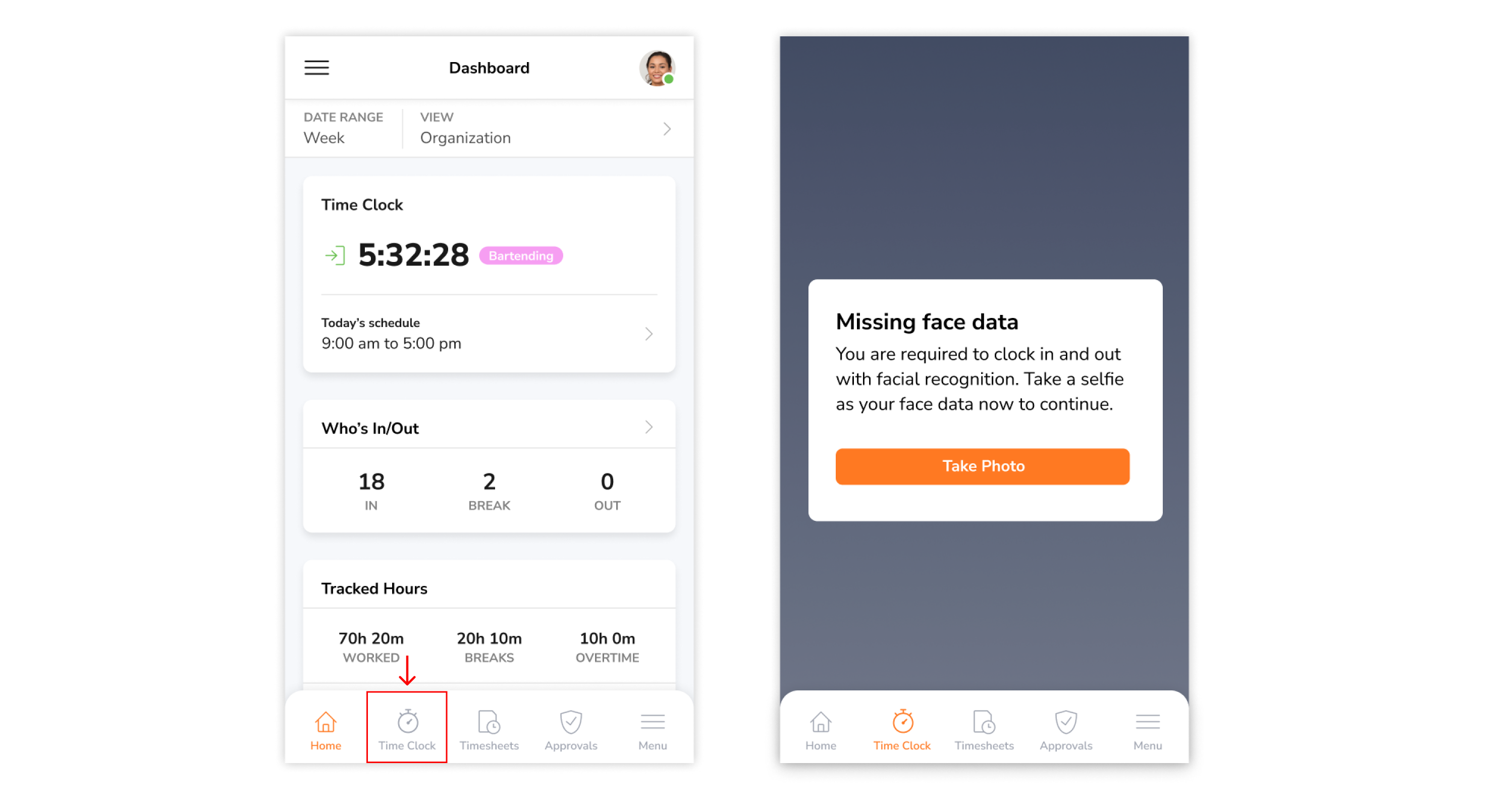 Setting up face data on the time clock screen