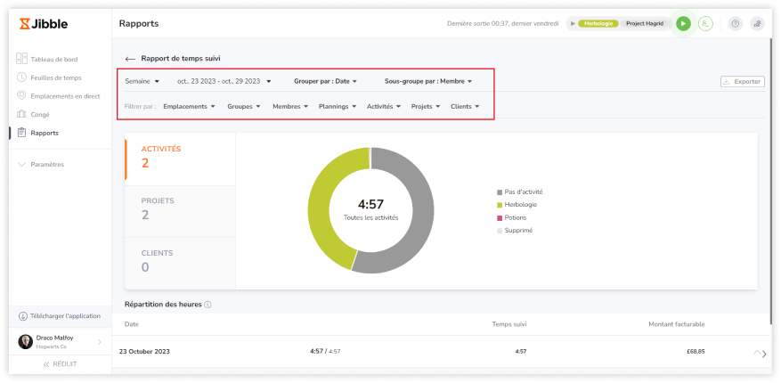 Selecting filters on the tracked time report overview