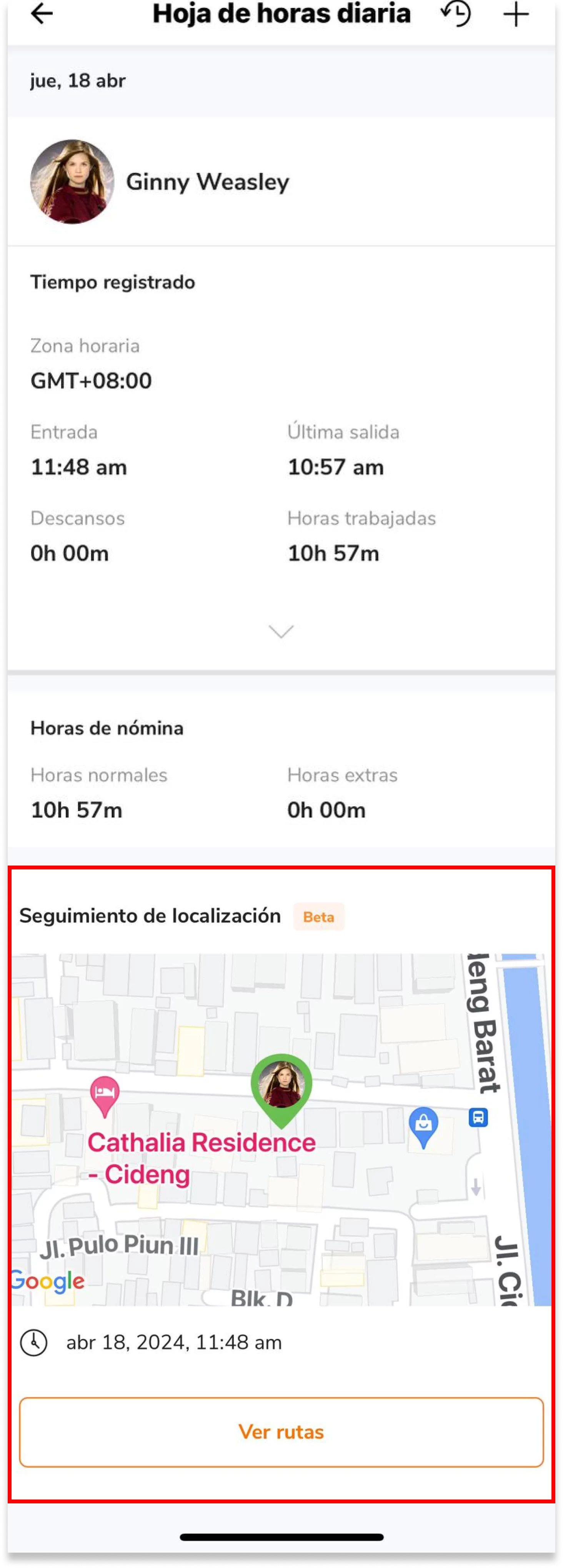 En su Hoja de horas diaria, en la sección Seguimiento de localización, verás su ubicación actual y los detalles de su entrada. 