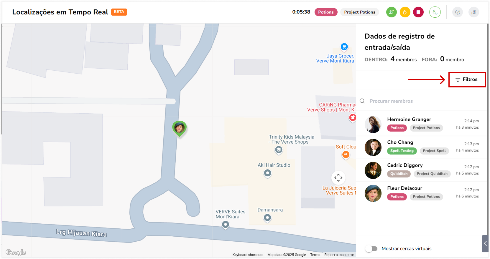 Filtros na localização em tempo real no aplicativo web