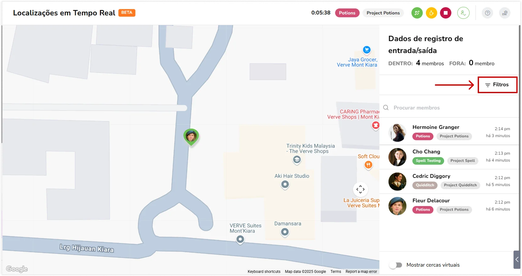 Filtros na localização em tempo real no aplicativo web