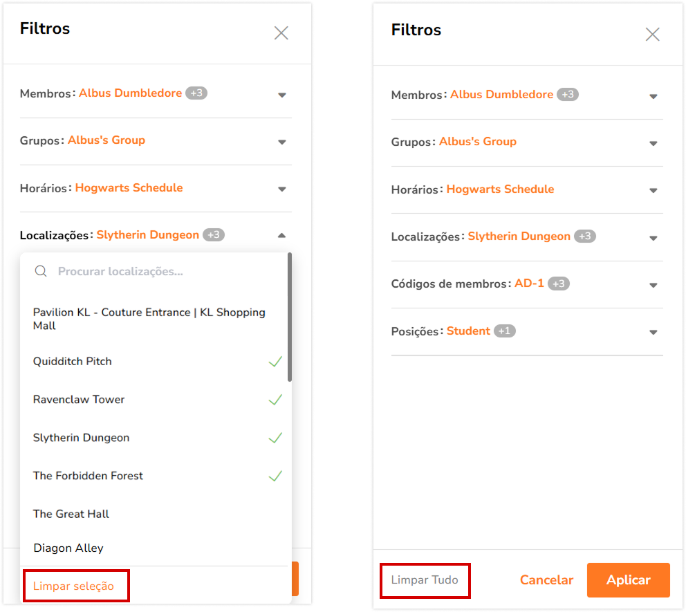 Botões de limpar filtros na barra lateral de localização em tempo real no aplicativo web