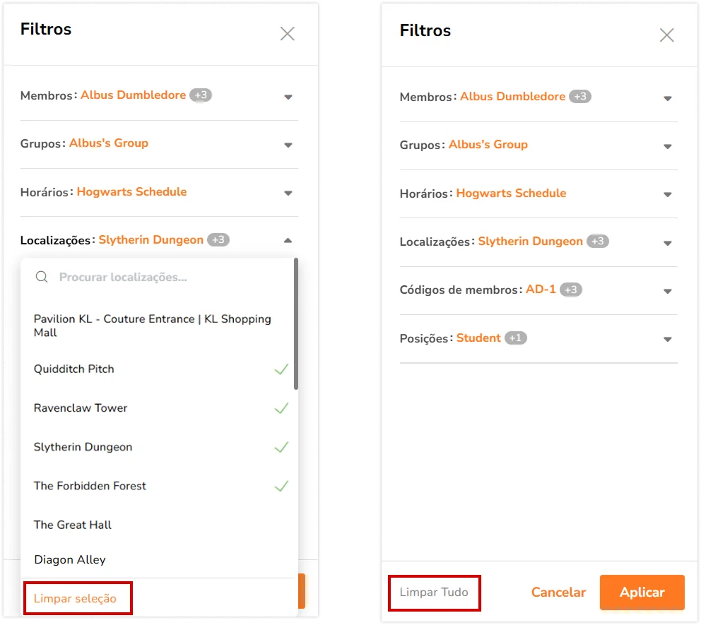 Botões de limpar filtros na barra lateral de localização em tempo real no aplicativo web