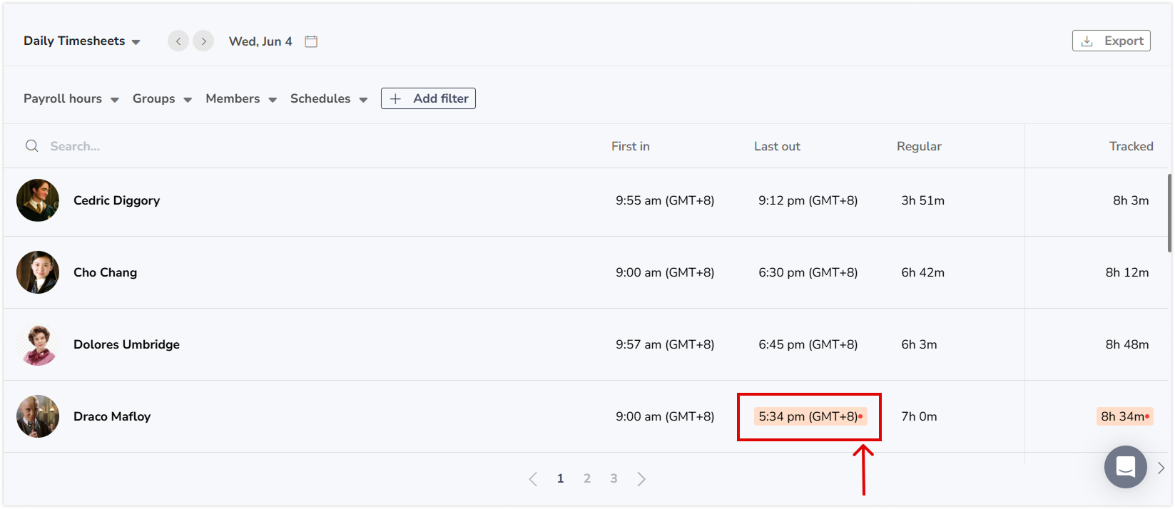 Daily team timesheets updated in real-time and shown as a red indicator when new time entries are added