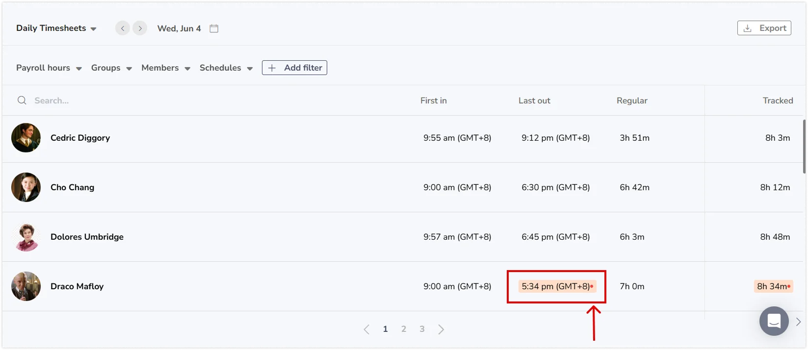 Daily team timesheets updated in real-time and shown as a red indicator when new time entries are added