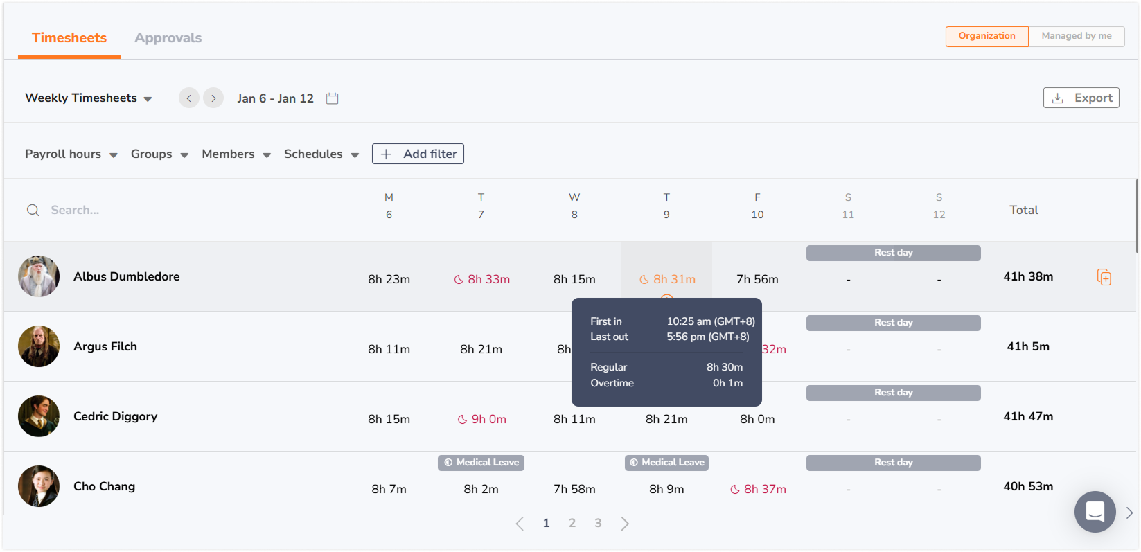 Weekly timesheet with tooltip message