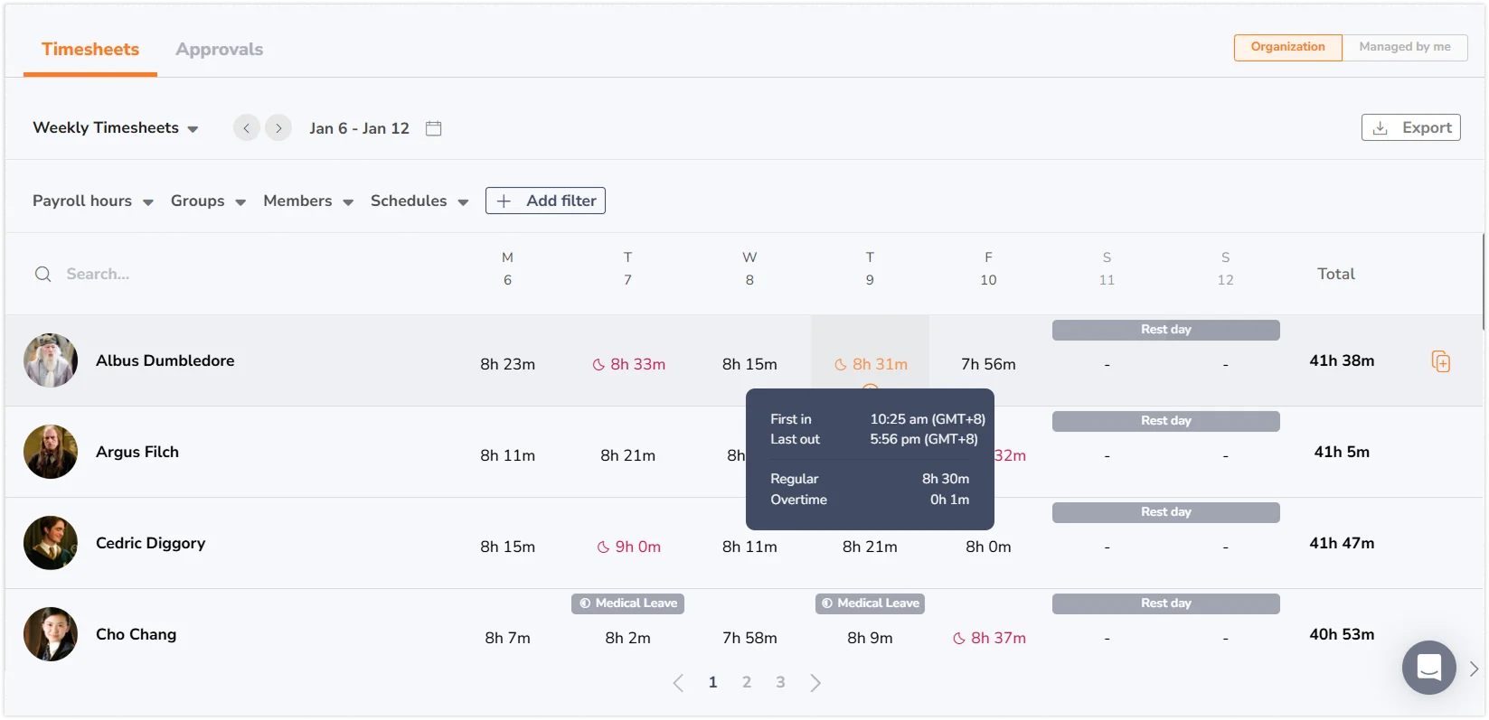 Weekly timesheet with tooltip message