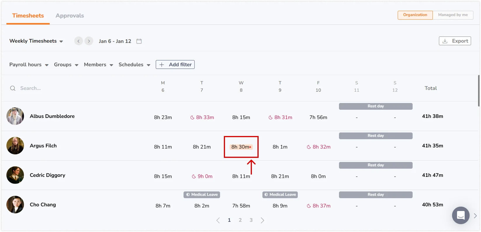Weekly team timesheets updated in real-time and shown as a red indicator when new time entries are added