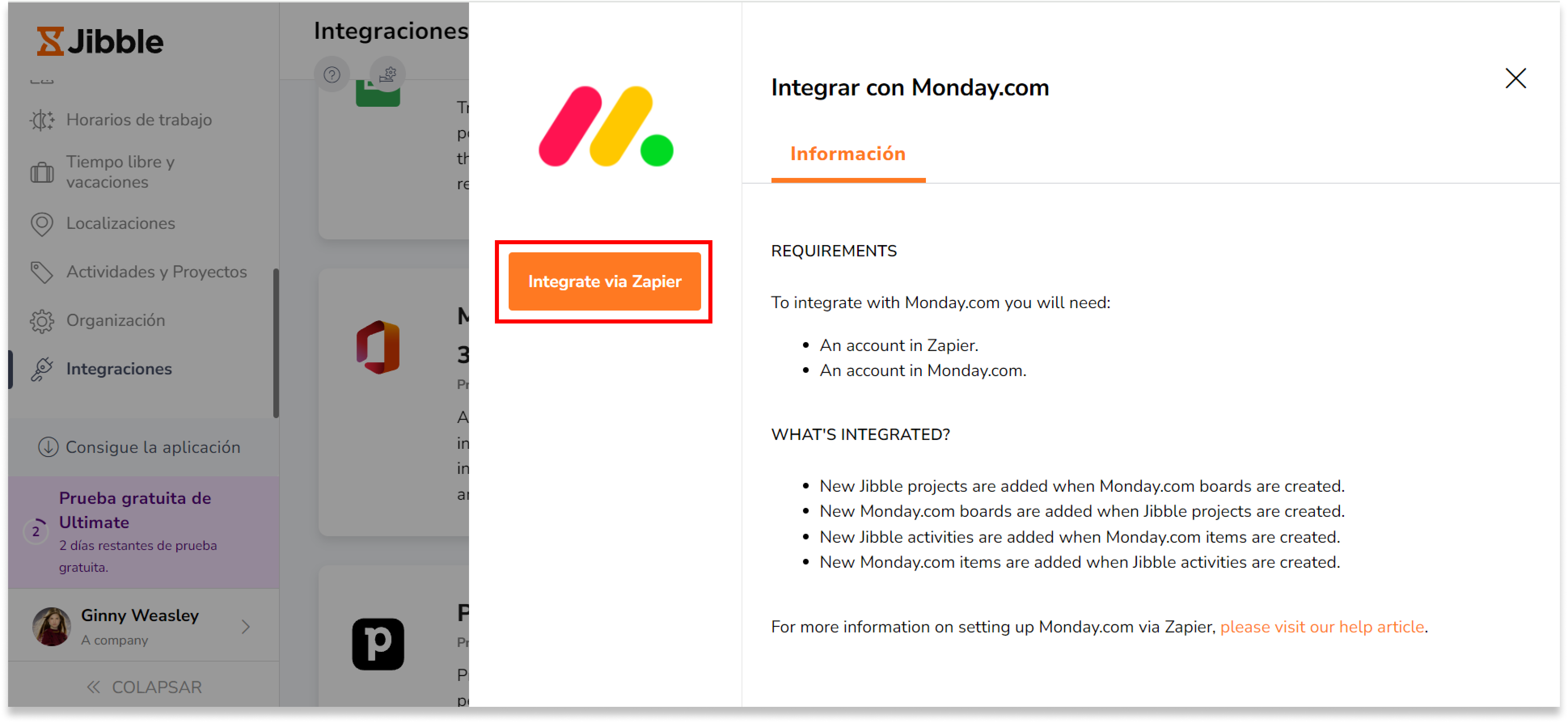 Para las apps que se pueden vincular con Zapier, verás un botón que se integra con Zapier. Haz clic en este botón "Integrar a través de Zapier".