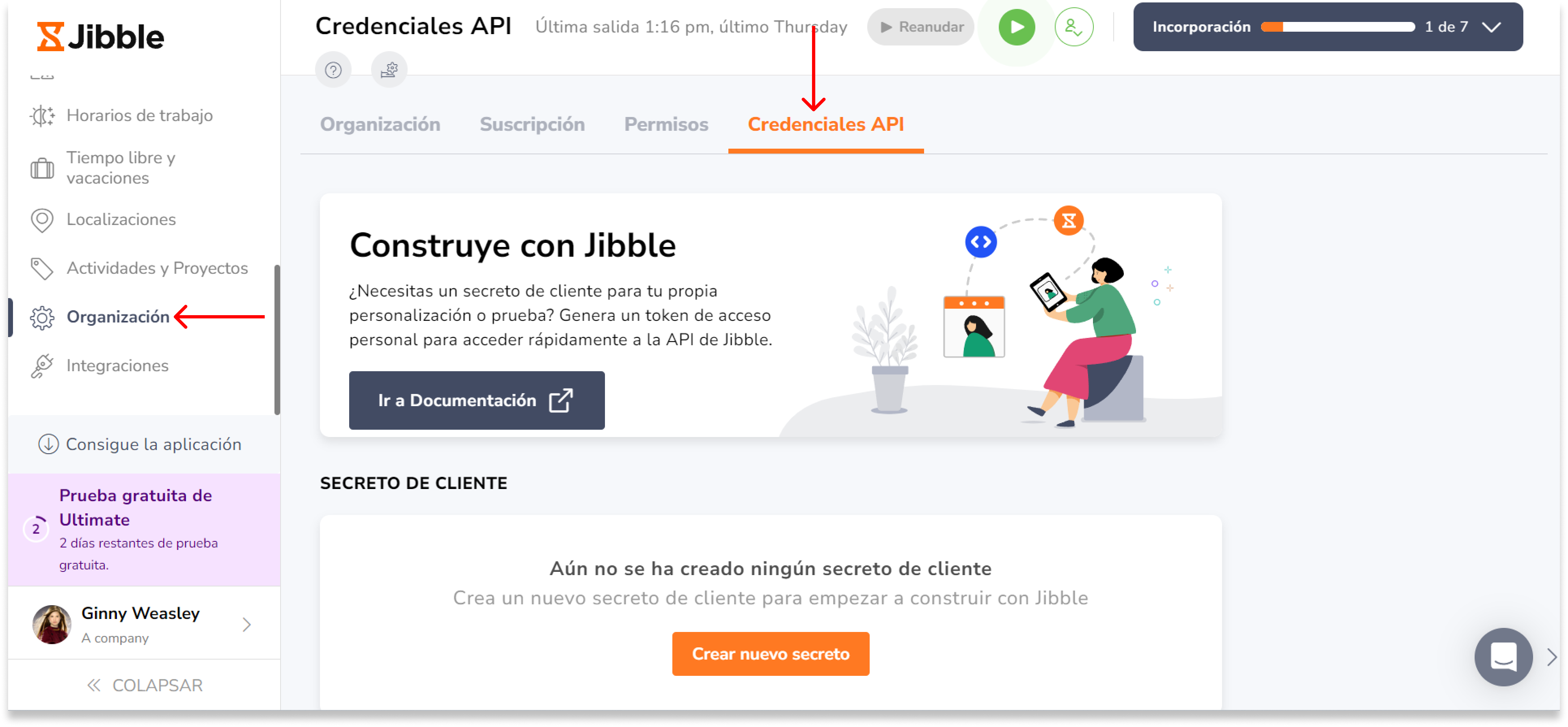 Rellena el Id de cliente del Jibble y el Secreto de cliente. Puedes encontrar esto en la pestaña "Credenciales API" en Configuración de la organización en Jibble.