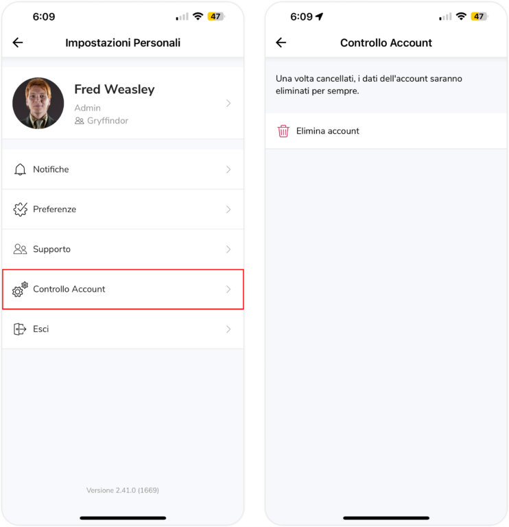 Deleting account on mobile
