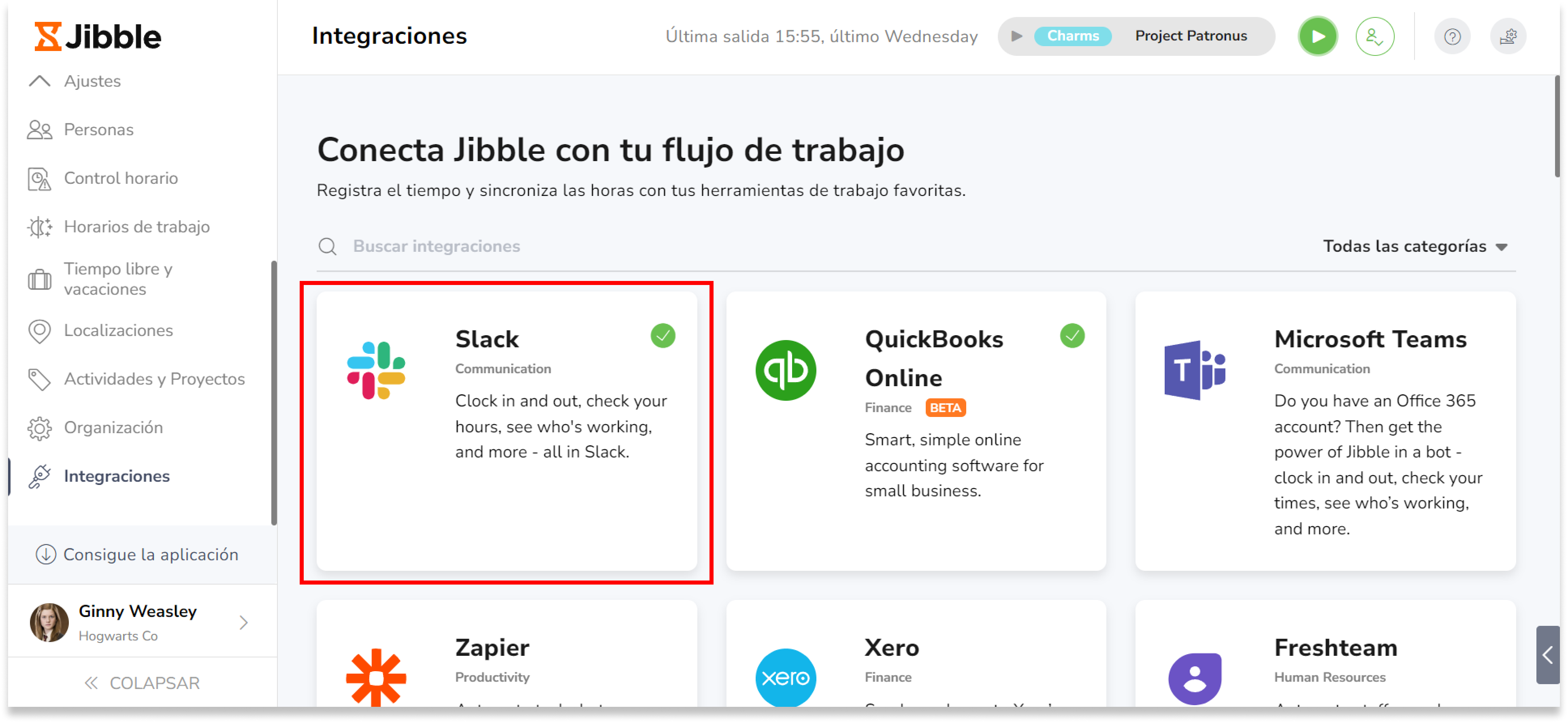 Slack es una gran manera de utilizar Jibble, y es gratis. Solo tienes que activar el bot de Slack para empezar a controlar el tiempo directamente desde tu espacio de trabajo de Slack.