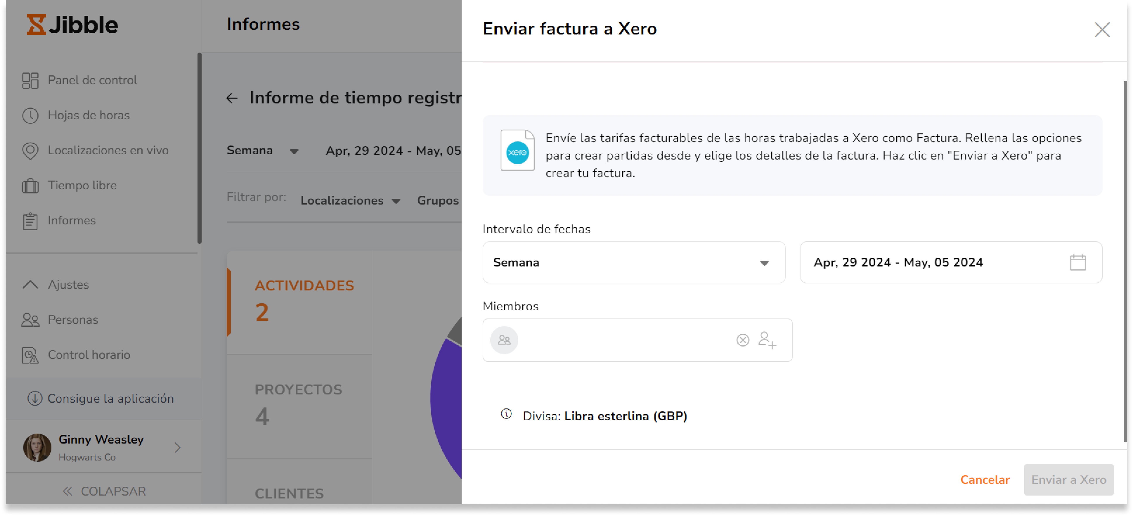 Haz clic en el botón "Enviar a Xero" para abrir la barra lateral de exportación de informes.