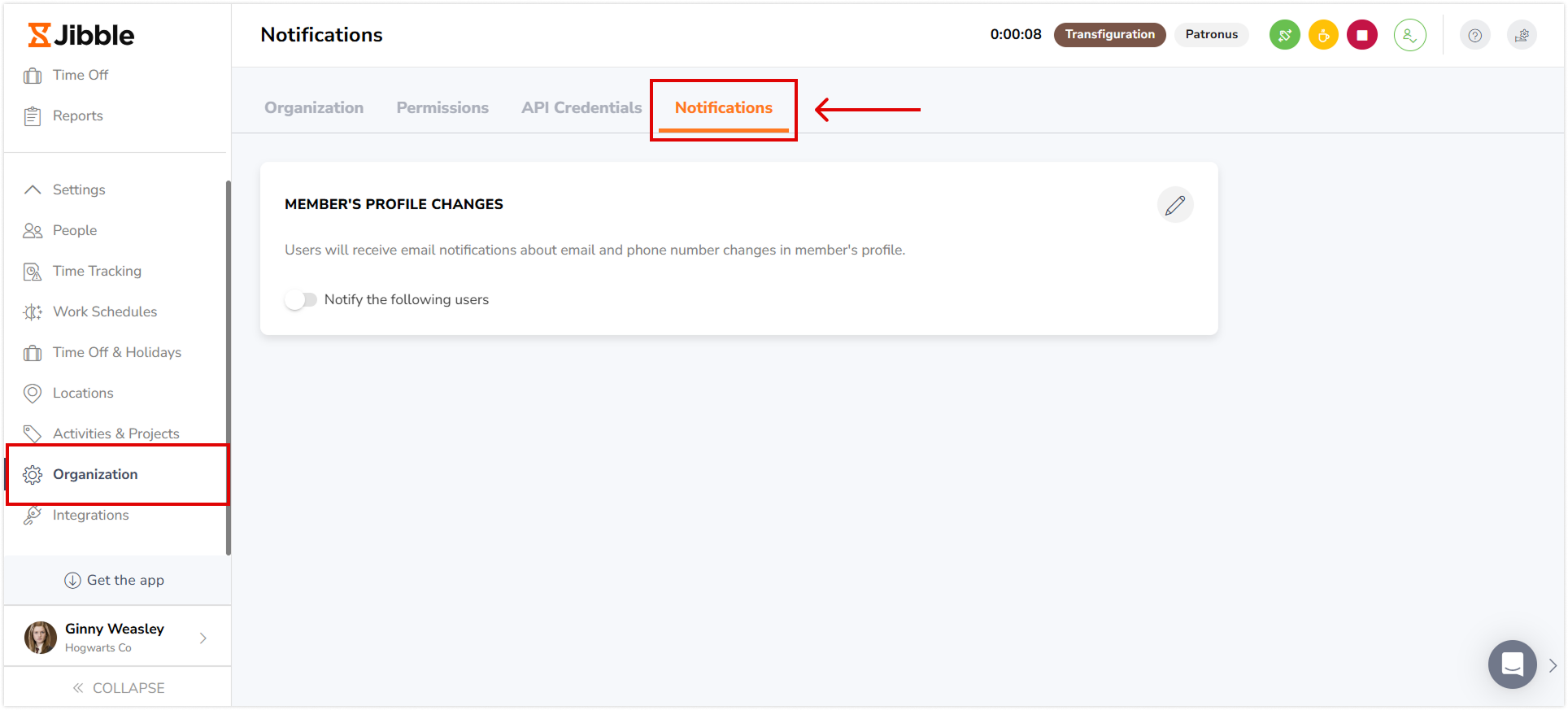 Notifications tab under Organizations