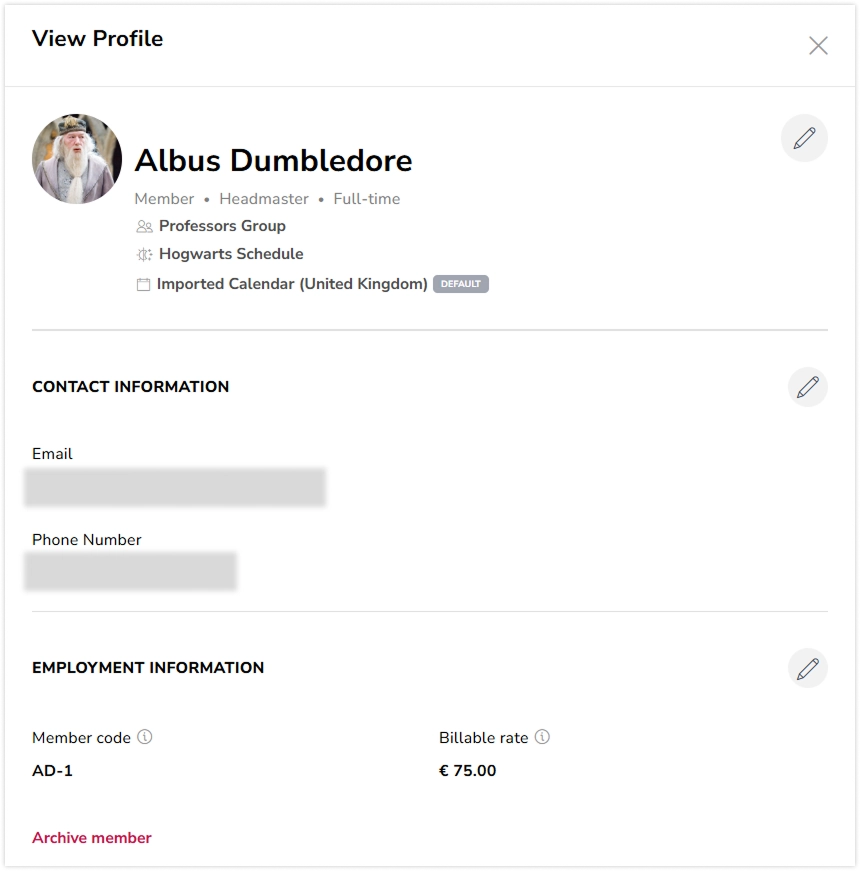 Profile details of a user in Jibble