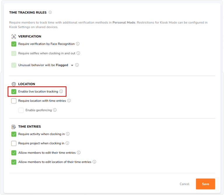 Enable live location tracking setting under time tracking rules