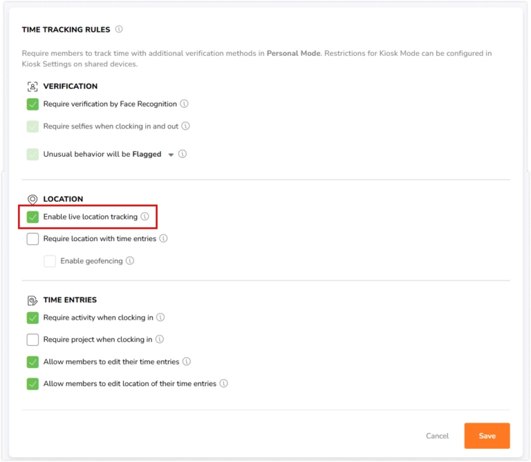 Enable live location tracking setting under time tracking rules