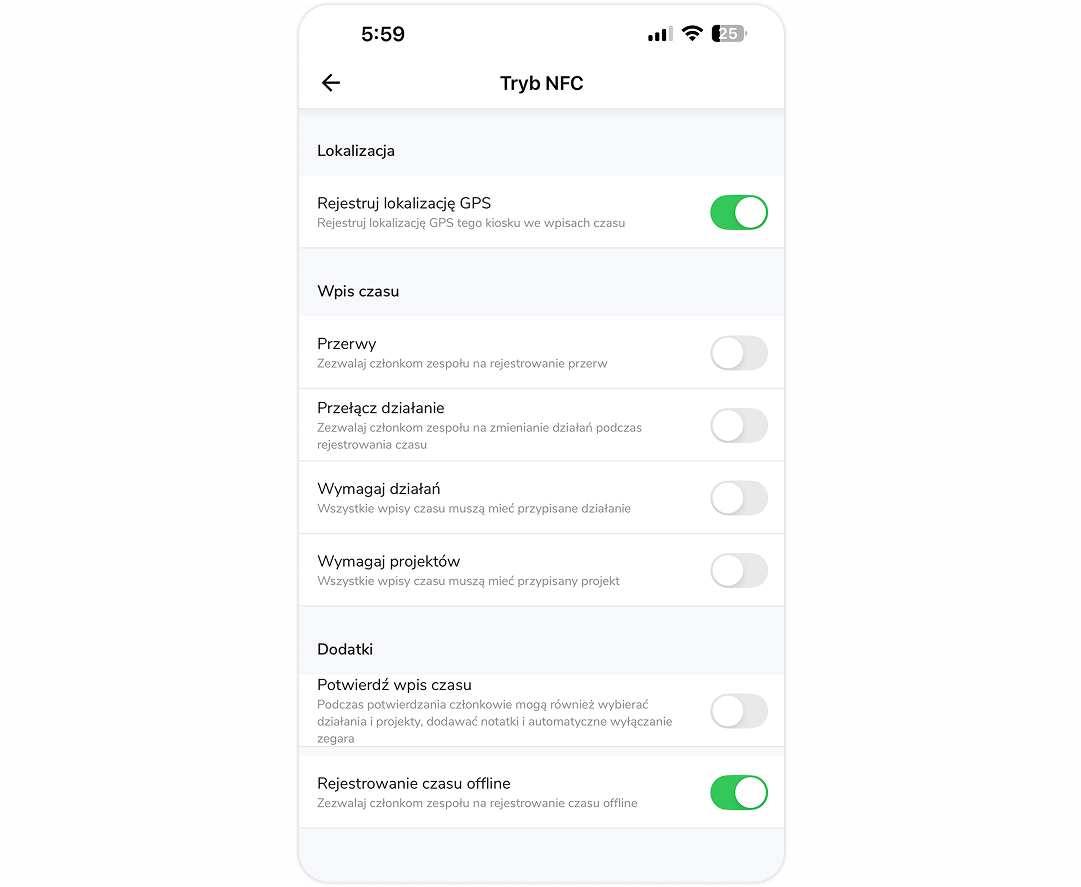 Opcje trybu NFC.