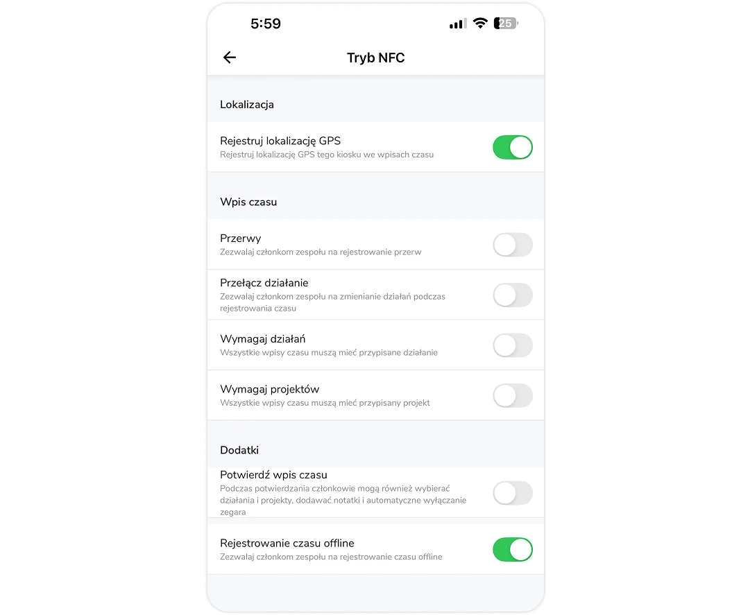 Opcje trybu NFC.