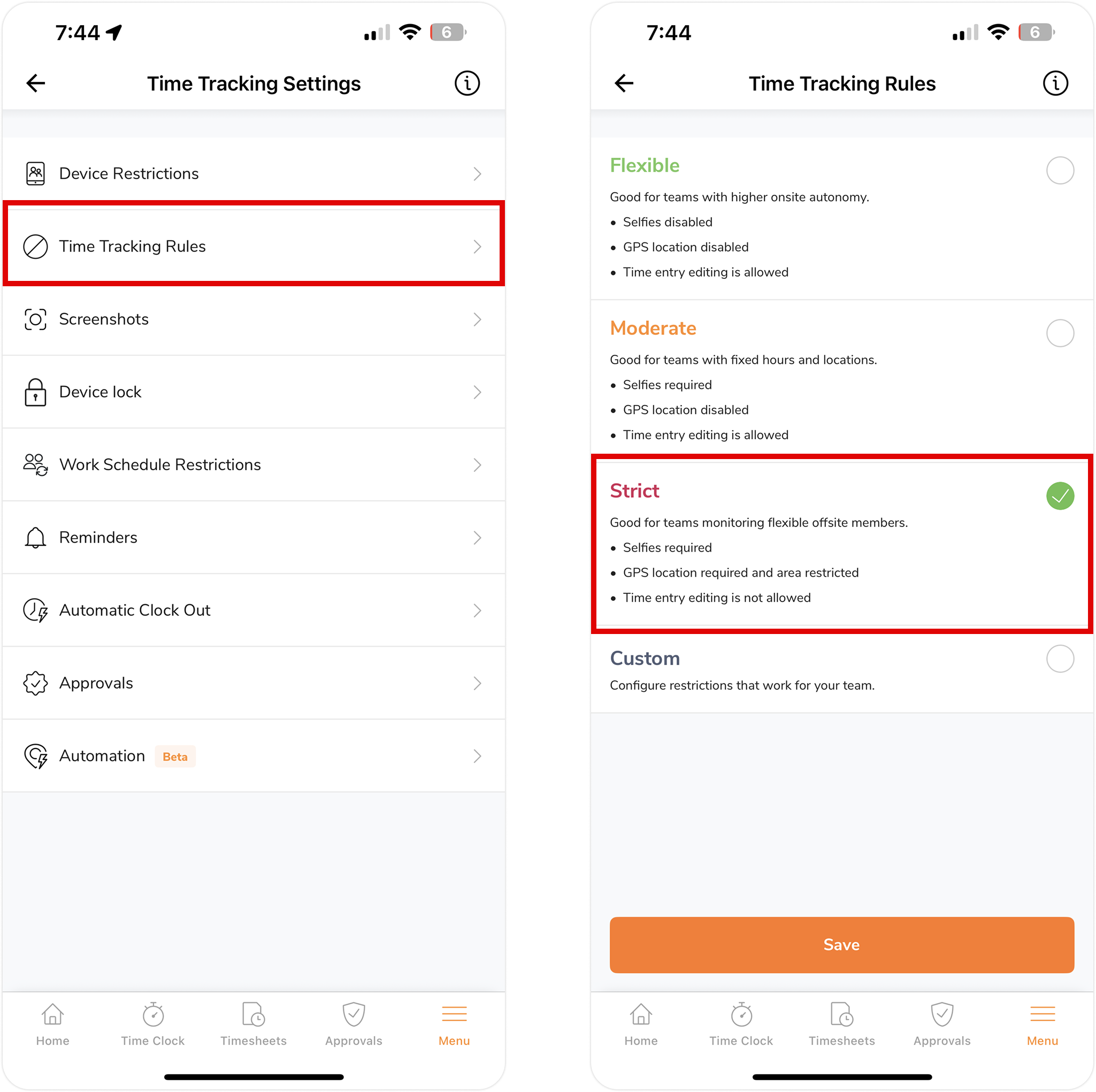 Enabling strict time tracking rules on the mobile app