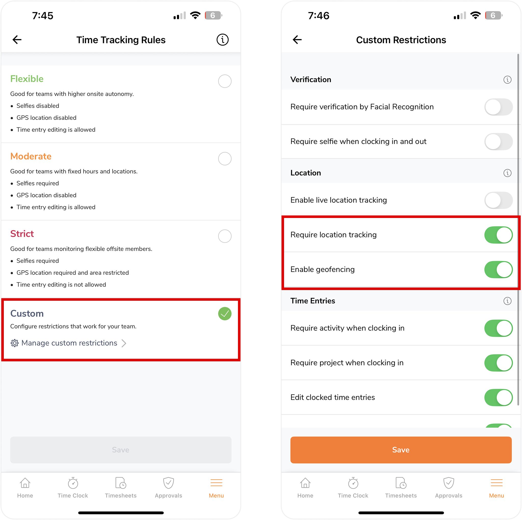 Enabling custom time tracking rules on the mobile app