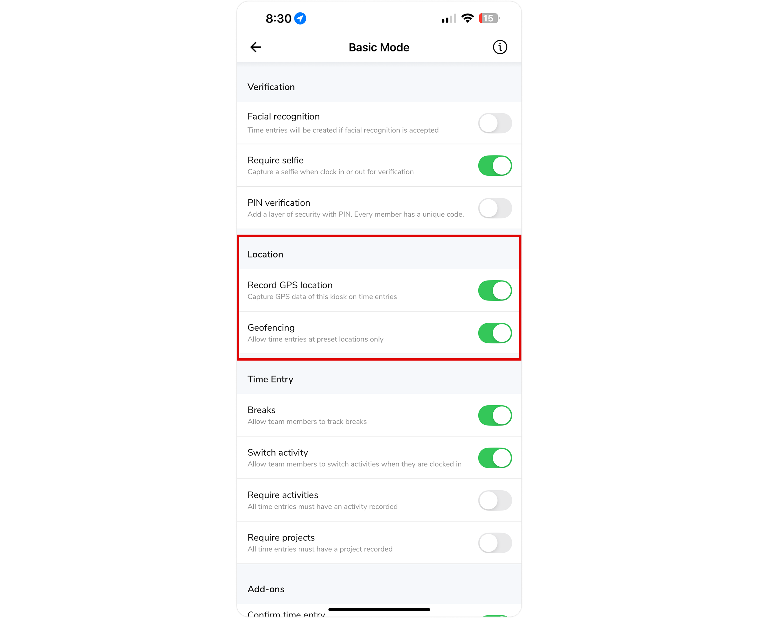 Location settings under kiosk settings