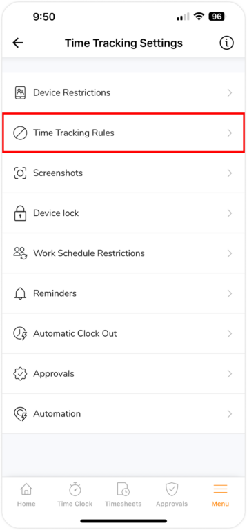 Time tracking rules on mobile