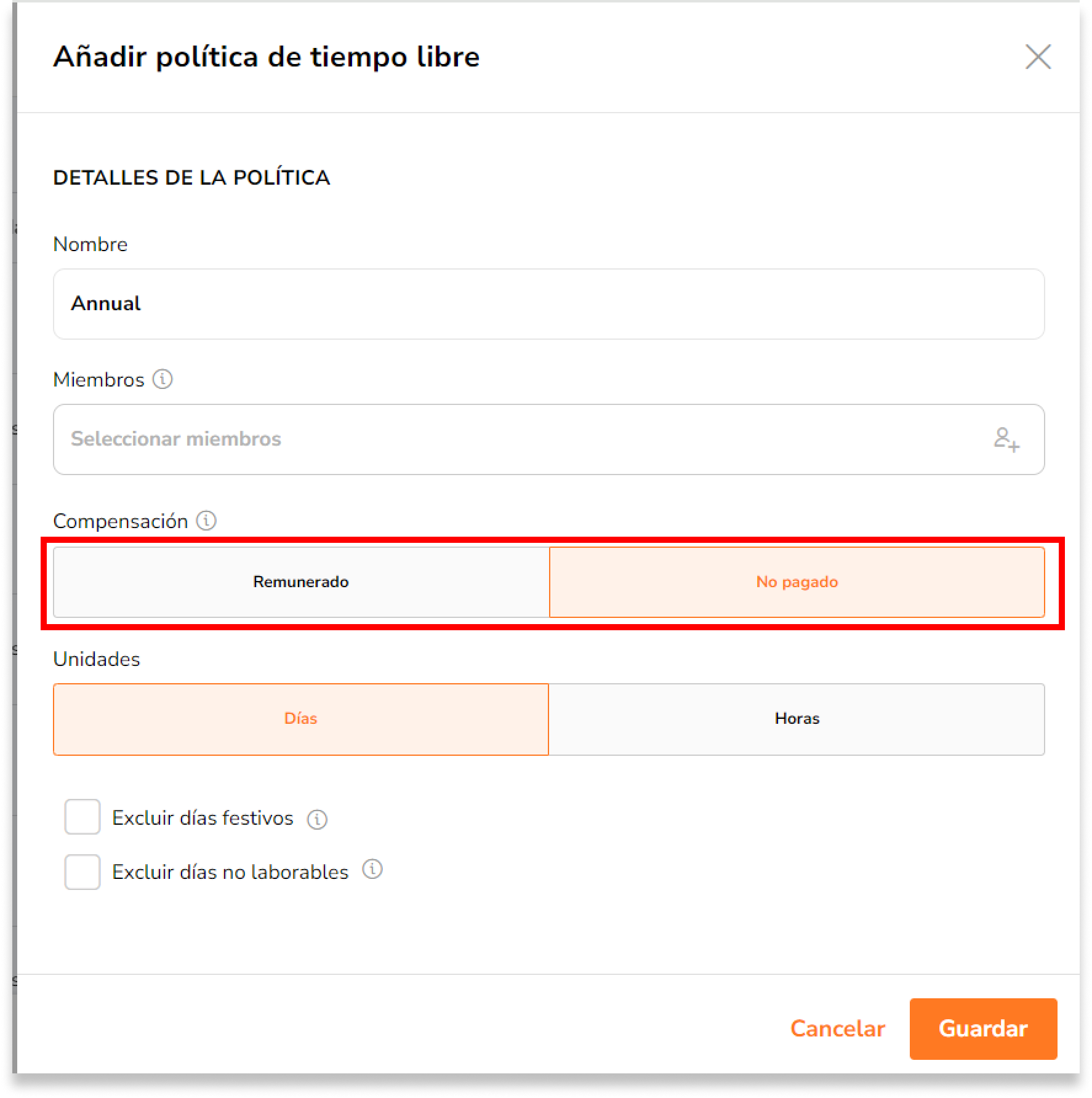 Selecciona No remunerado en el campo de compensación.