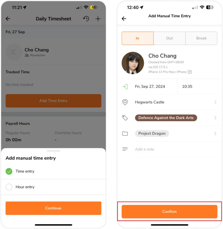 Adding time entry for member on mobile