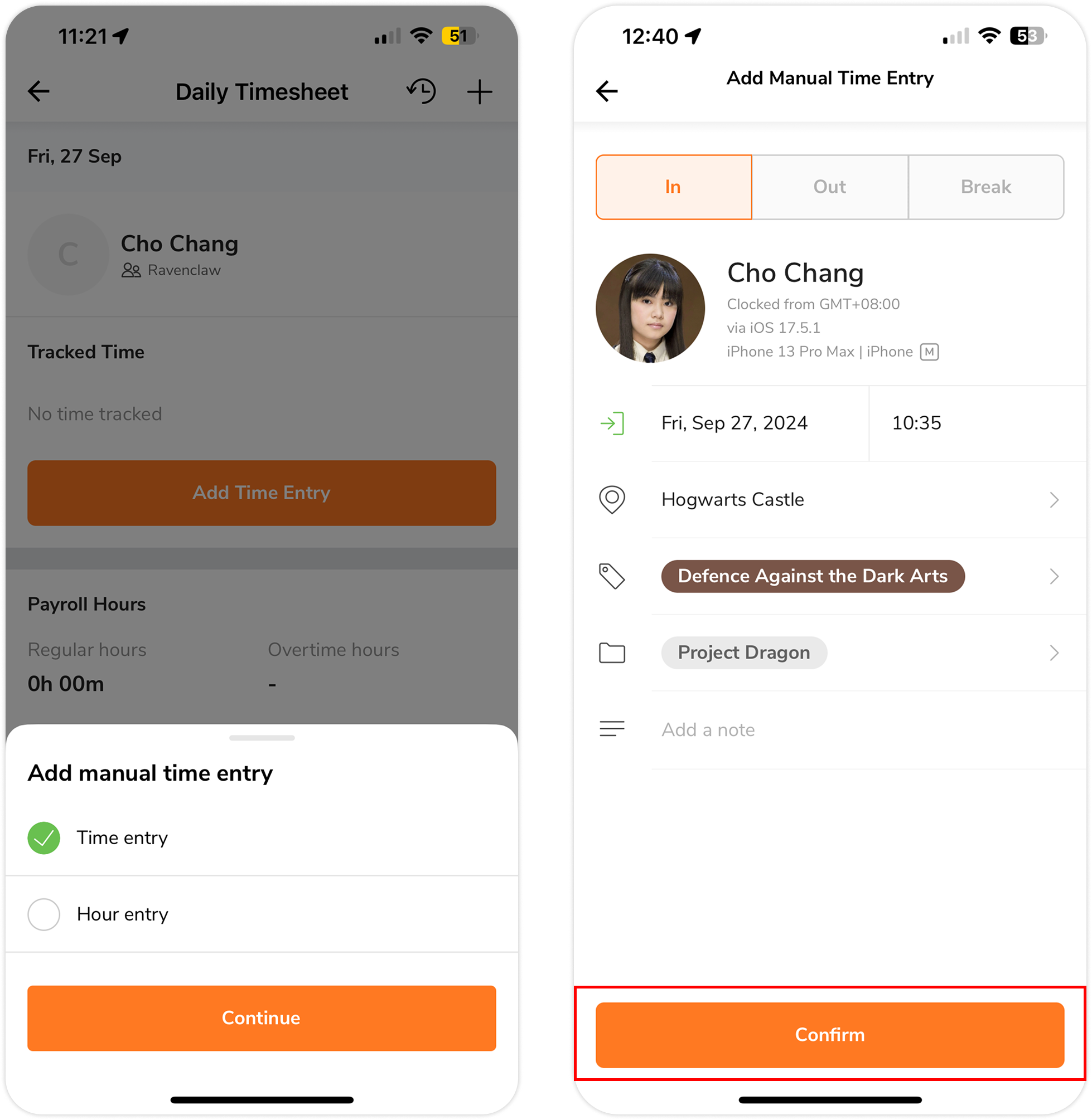 Adding and editing time entries on mobile