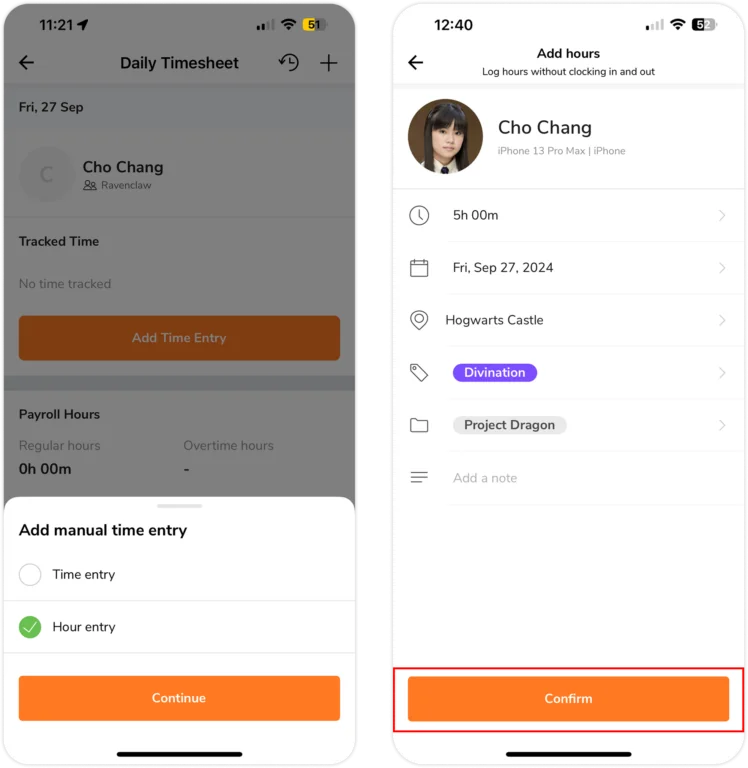 Adding hour entry for member on mobile