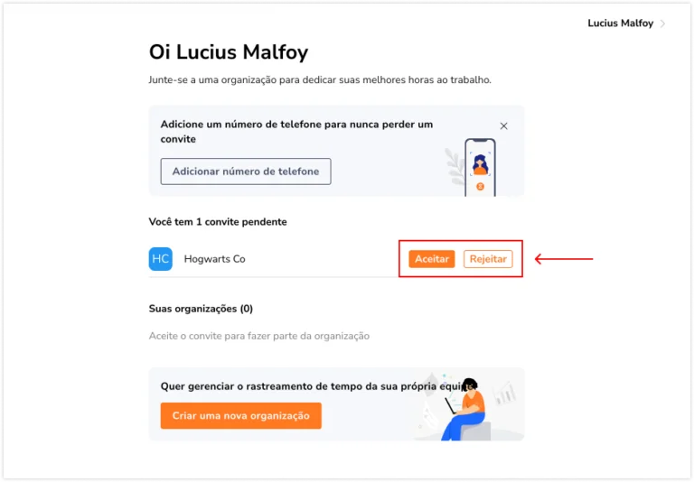 Aceitar convite pendente de uma organização
