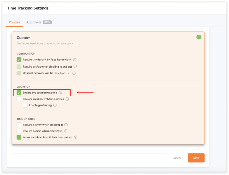 Enable live location tracking setting under custom time clock restrictions