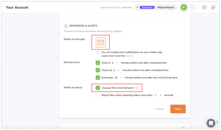 Enabling email notifications for unusual time clock behaviour on the web app