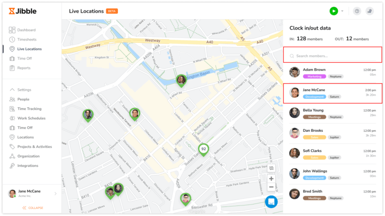 Searching for members on live location map