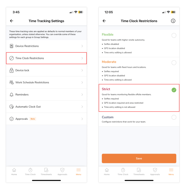Enabling strict time clock restrictions on the mobile app
