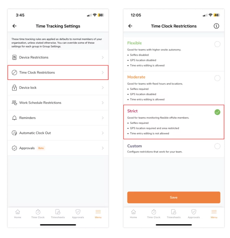 Enabling strict time clock restrictions on the mobile app
