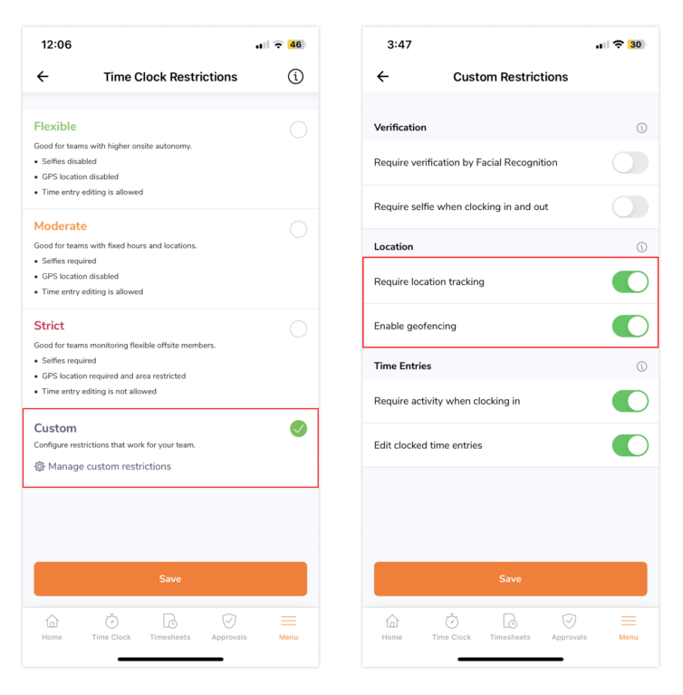 Enabling custom time clock restrictions on the mobile app