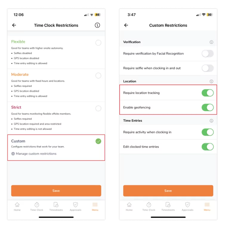 Enabling custom time clock restrictions on the mobile app