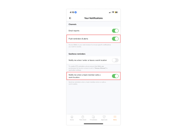 Enabling push notifications and geofence reminders on the mobile app