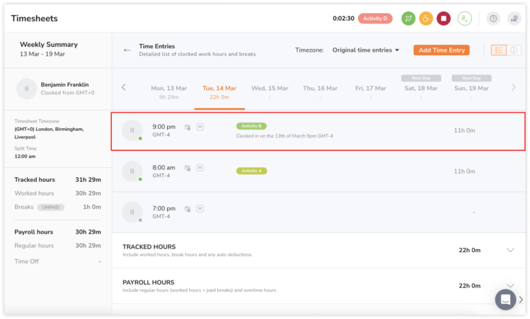 How timesheet timezone affects the display and calculations of time entries