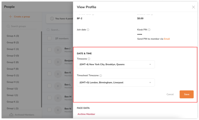 Date and time settings on profile page