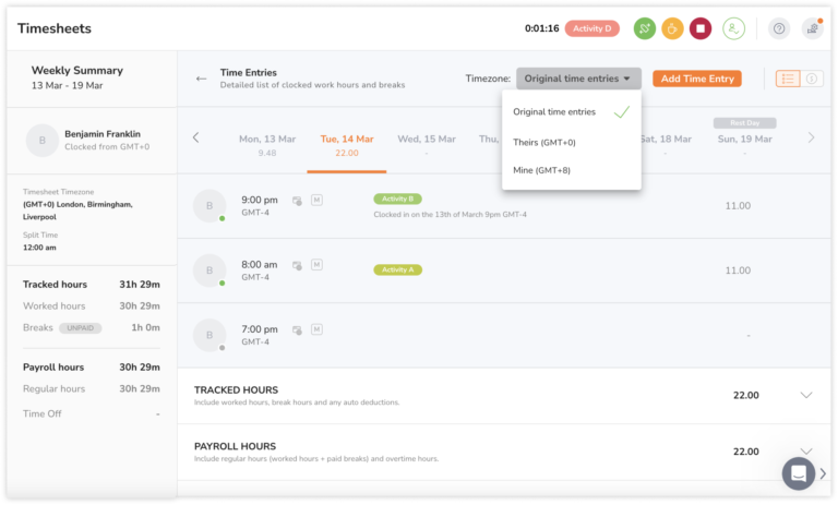 Timezone viewing selector for original time entries