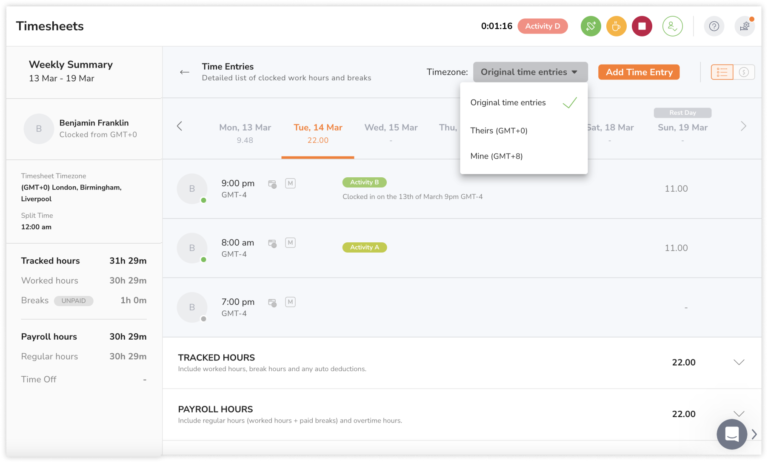 Timezone viewing selector for original time entries